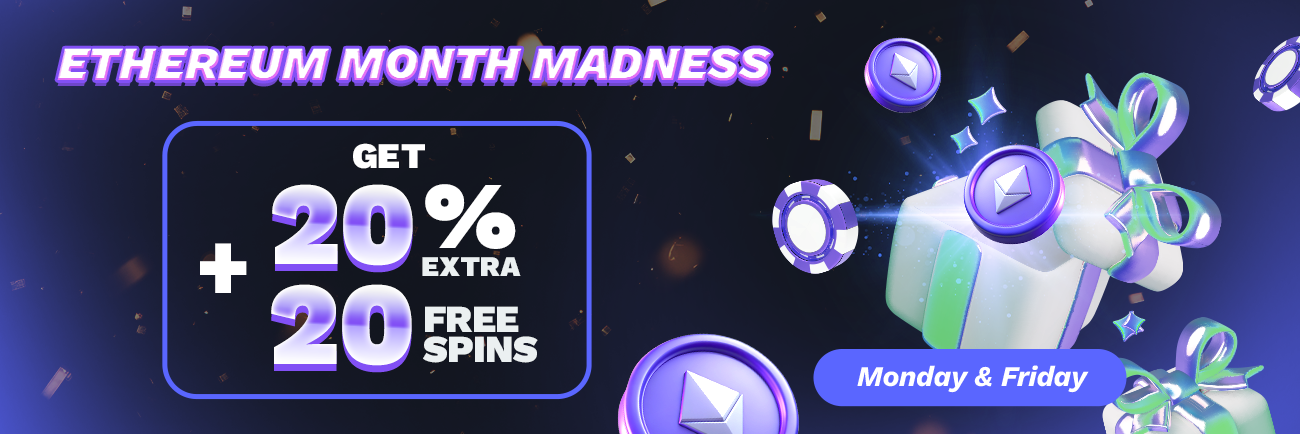 Ethereum Madness is Back at Jackpotter - 20% extra cash + 20 Free Spins on Every Deposit !