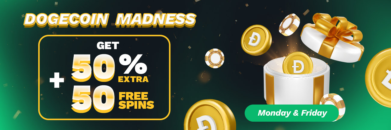 Dogecoin Madness: Get 50 % Cash on top and + 50 Free Spins on Every Deposit Made!